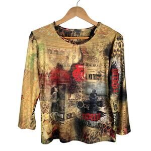 Caia Vintage French Opera Theater Art Graphic Print Womens 3/4 Sleeve Top Large